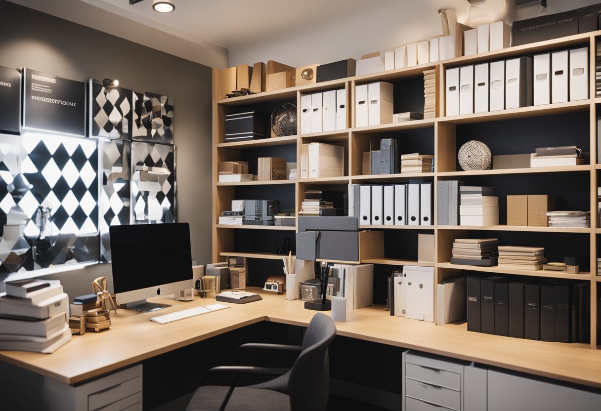 An organized office with a desk, computer, and shelves filled with design books and samples. A sign on the wall reads "Frequently Asked Questions for Interior Designers Institute."
