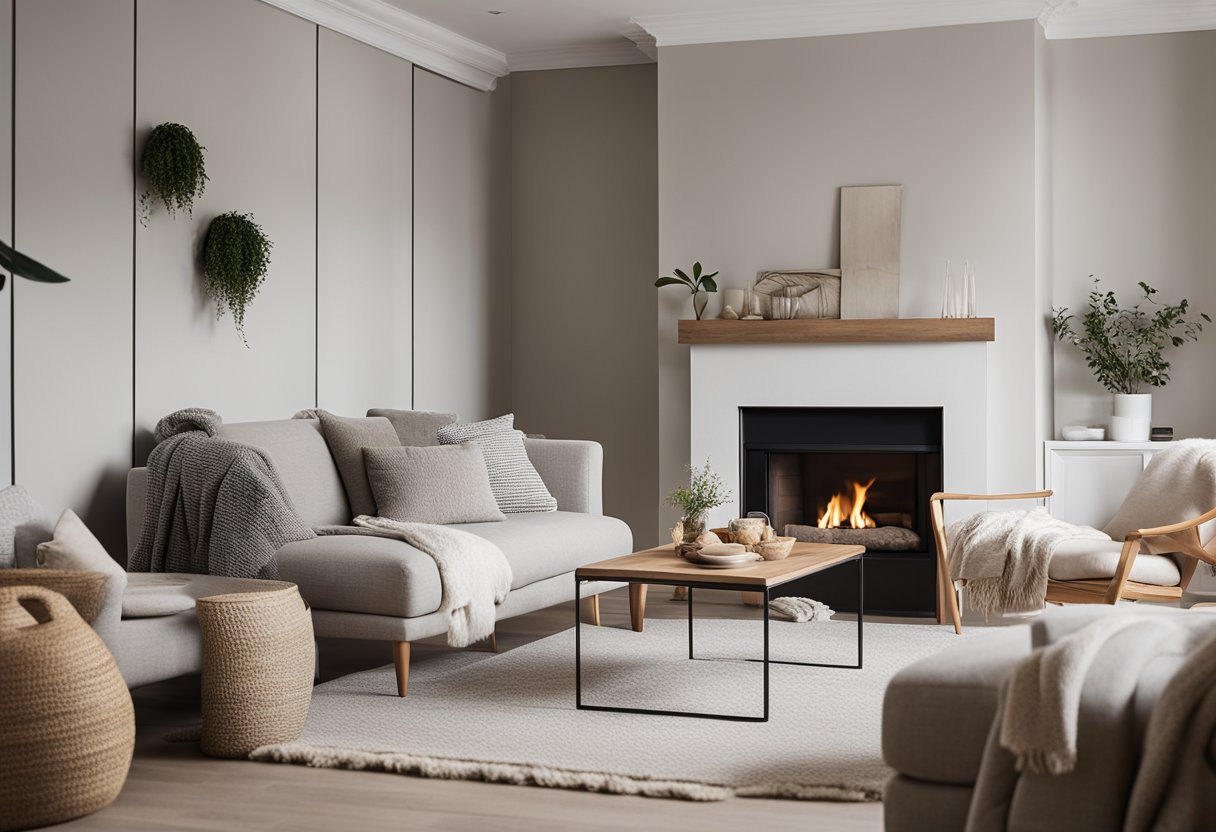 A cozy living room with minimal furniture, natural light, and neutral colors. A fireplace and cozy textiles add warmth to the space