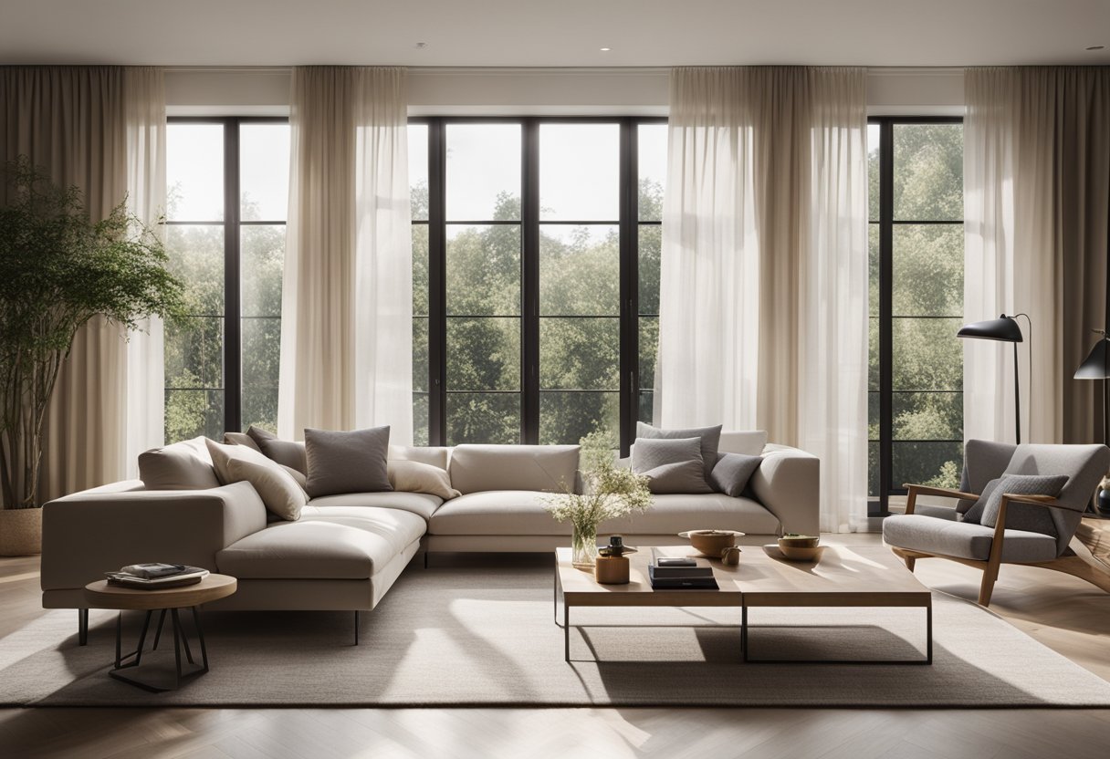 A modern living room with minimalist furniture, neutral color palette, and natural light streaming in through large windows