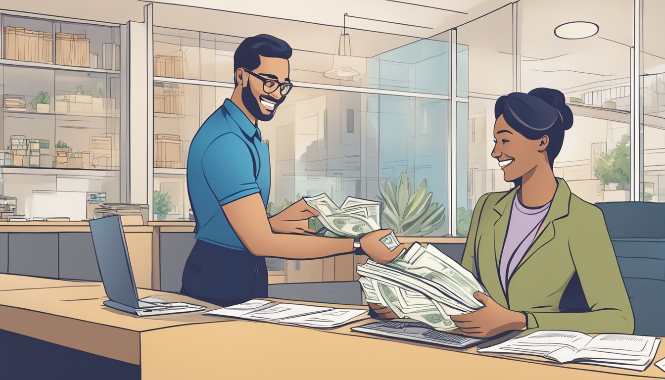 A smiling customer receiving cash from a POSB personal loan officer, with a sign displaying "Key Features and Benefits of POSB Personal Loans" in the background