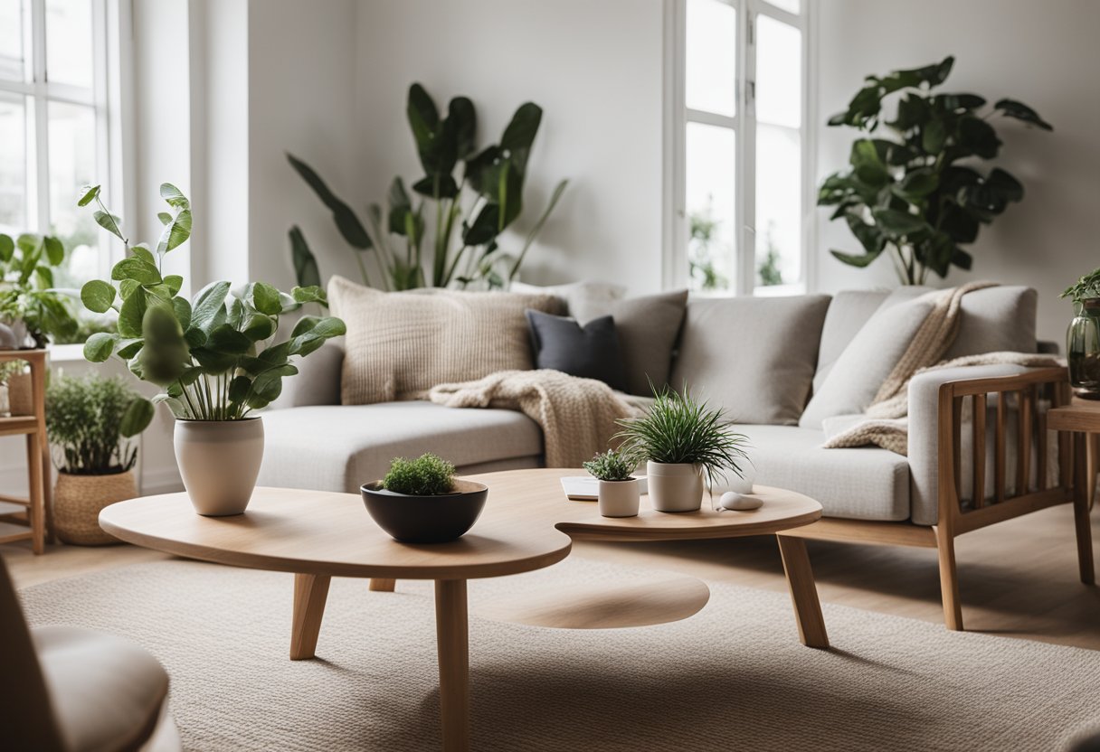 A cozy living room with minimalistic furniture, natural light, and neutral color palette. Plants and wooden accents add warmth to the Scandinavian interior design