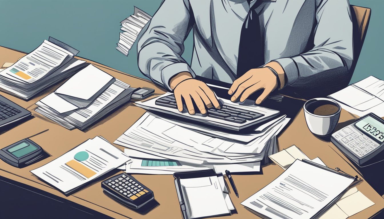 A person sitting at a desk, surrounded by paperwork and a laptop. A bank statement and pay stub are laid out, with a calculator nearby