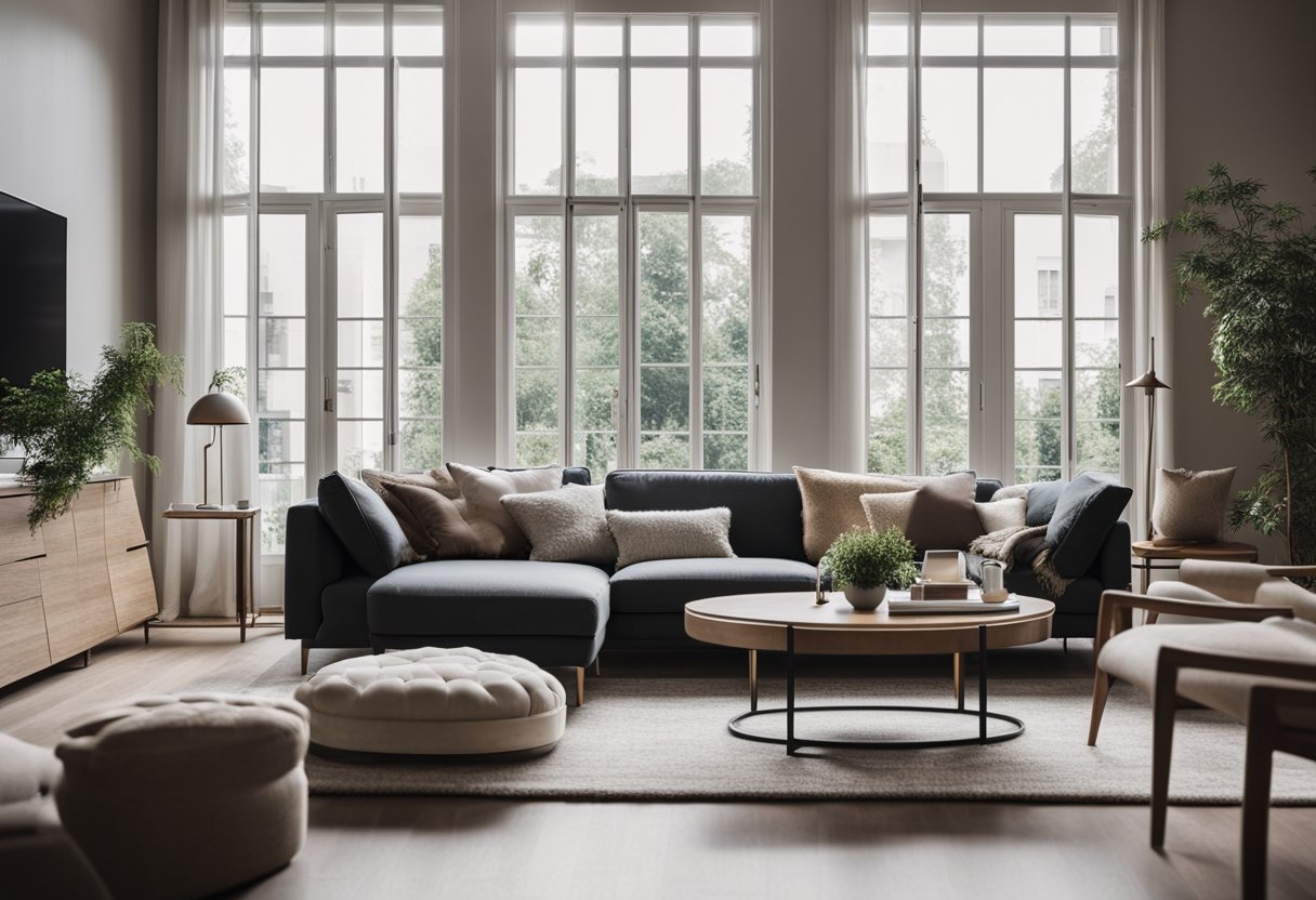 A cozy living room with a modern sofa, a stylish coffee table, and an elegant rug. The walls are adorned with art pieces, and large windows let in natural light