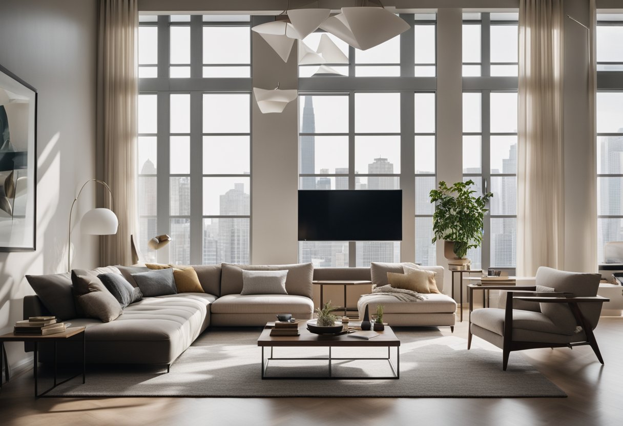 A modern, minimalist living room with sleek furniture, neutral colors, and plenty of natural light streaming in through large windows