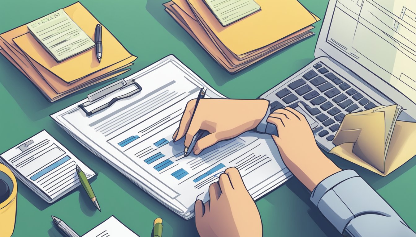 A person filling out a loan application form with required documents nearby