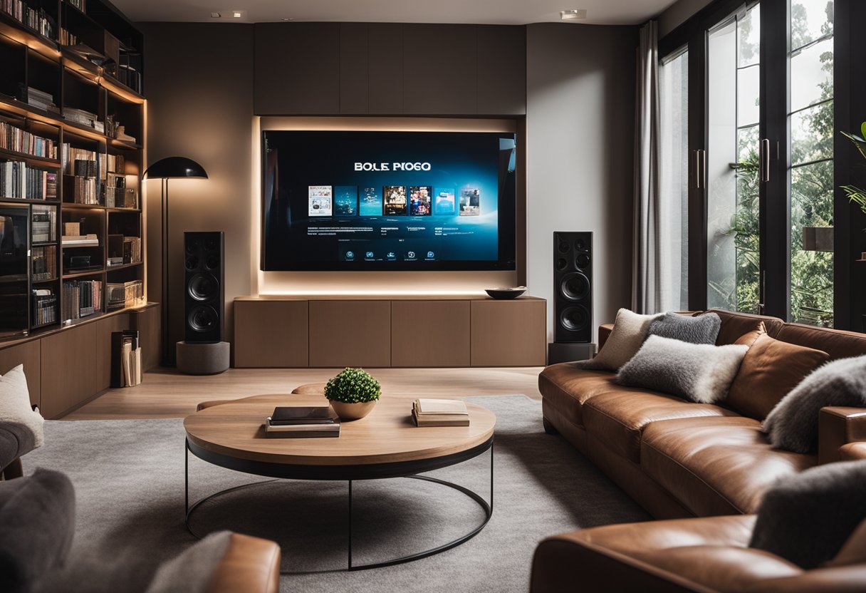 A cozy entertainment room with plush seating, a large screen TV, ambient lighting, and shelves filled with books and movies