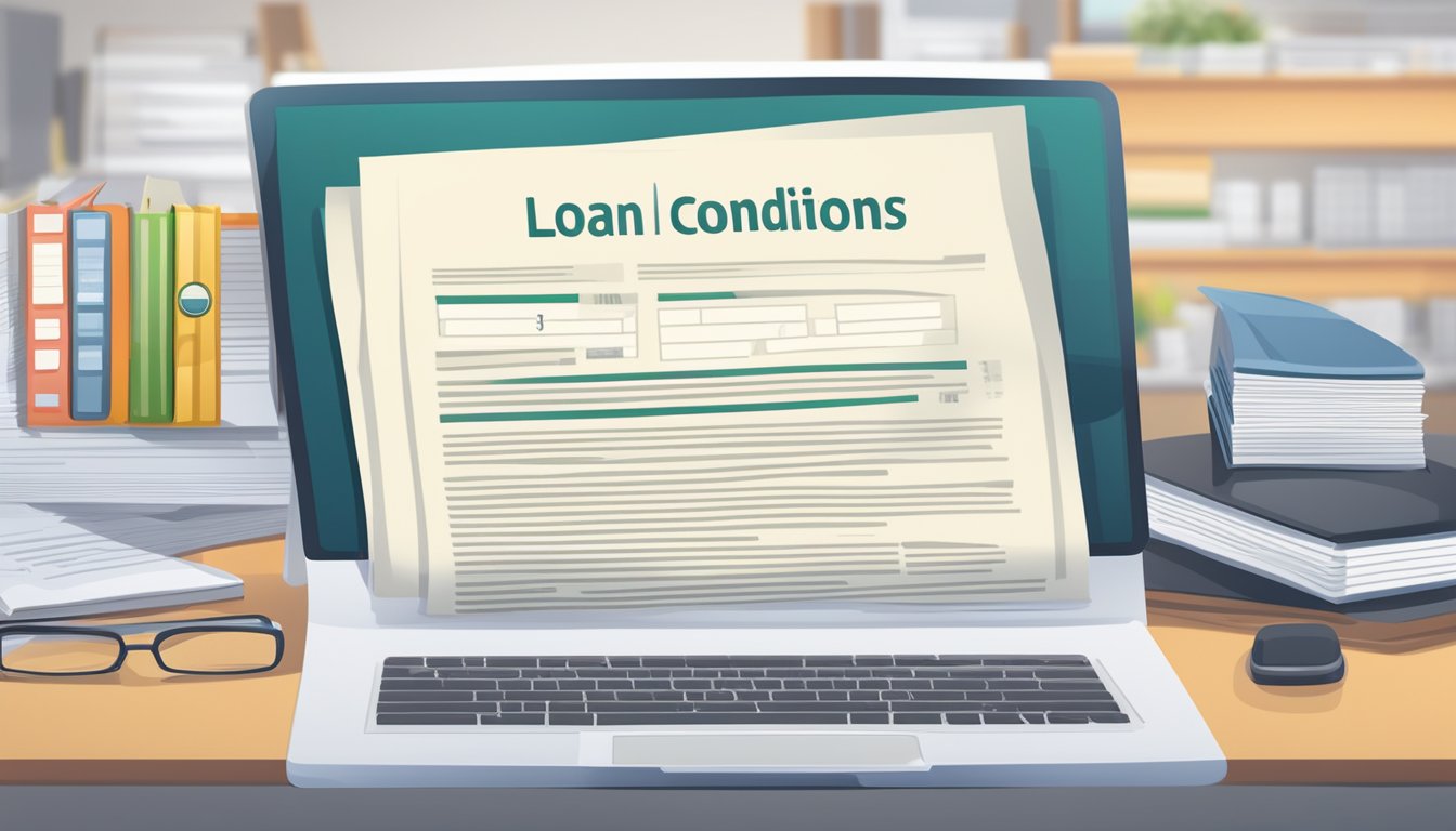 A document with loan terms and conditions, including personal loan eligibility criteria, displayed on a computer screen or printed on a desk