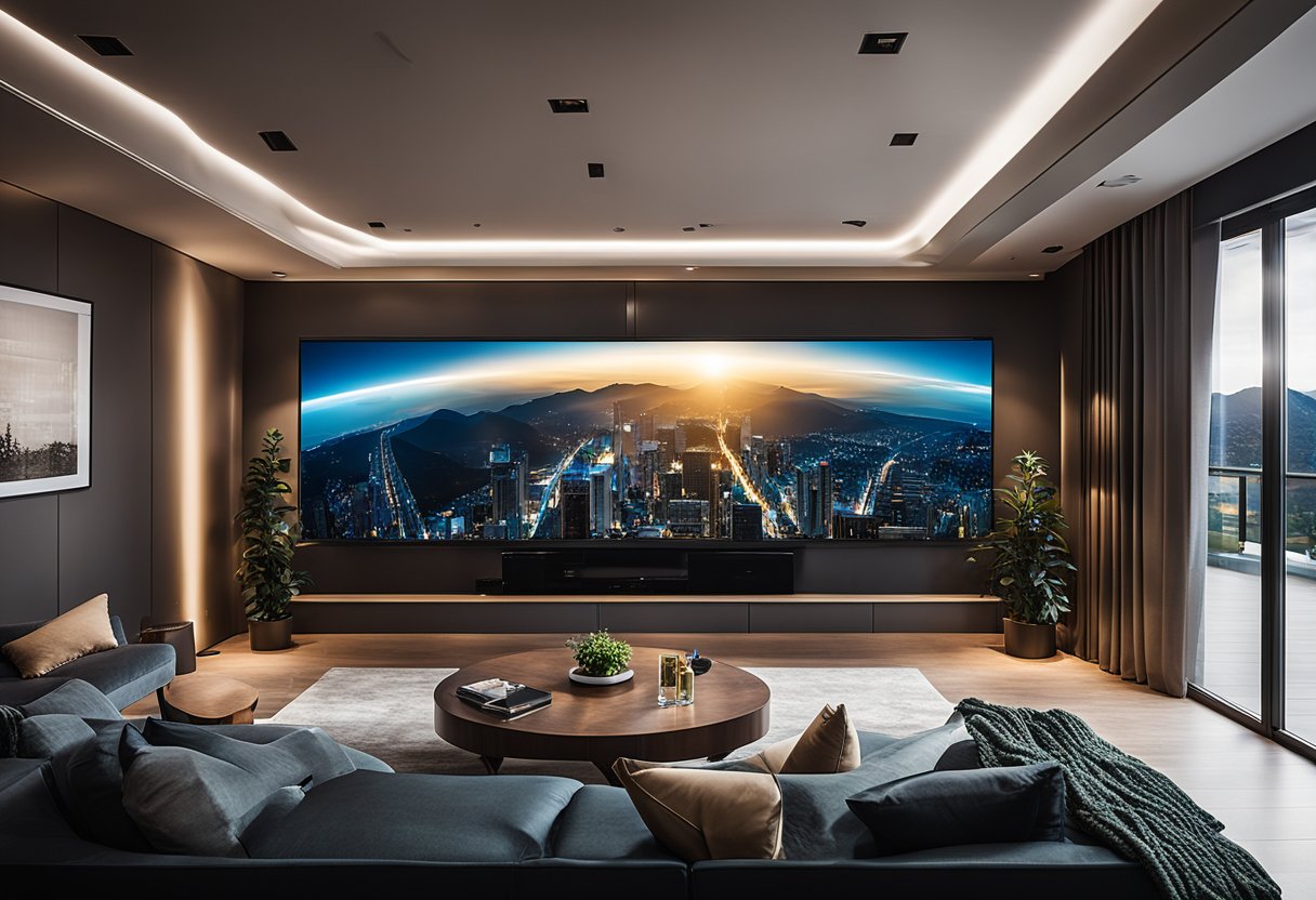 A sleek entertainment room with modern features and accessories, including a large flat-screen TV, comfortable seating, ambient lighting, and a stylish bar area