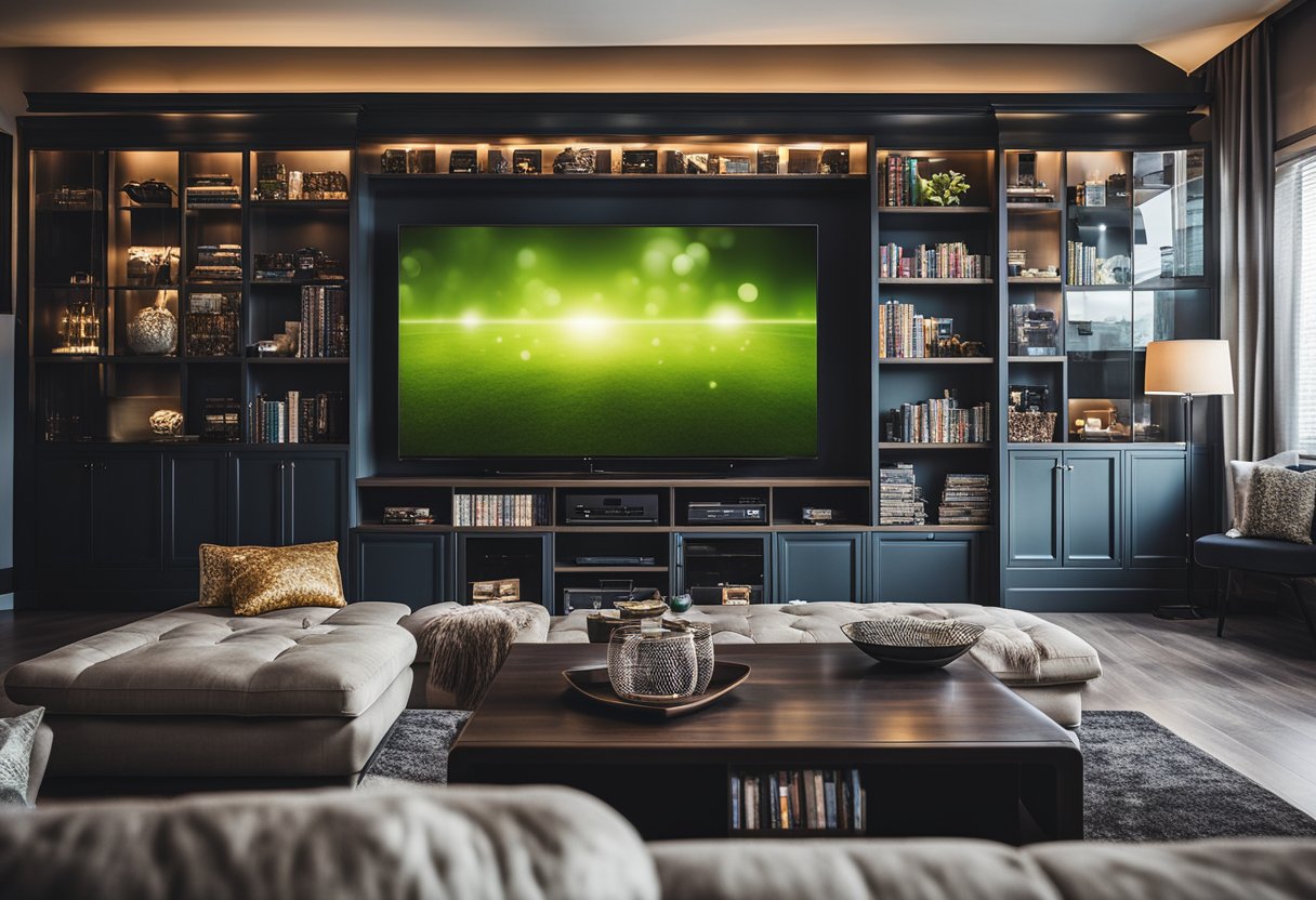 An entertainment room with cozy seating, a large flat-screen TV, and shelves filled with DVDs and video games. The room is well-lit with soft, ambient lighting and features colorful, modern decor