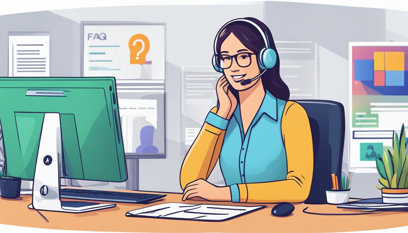 A customer service representative answers questions about a personal loan, with a computer screen displaying the FAQ page and a phone on the desk