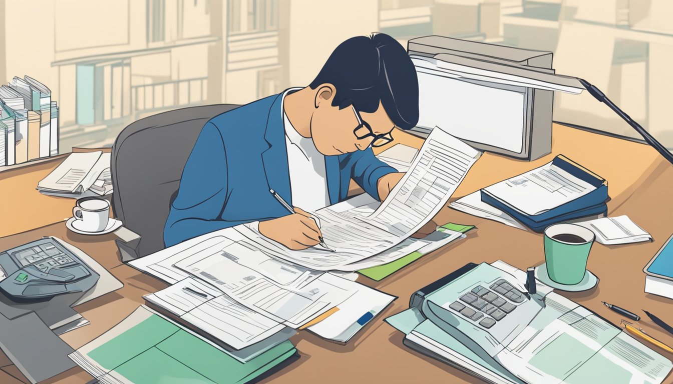 A person sitting at a desk, filling out paperwork for a personal loan from SCB in Singapore. The desk is cluttered with financial documents and a pen
