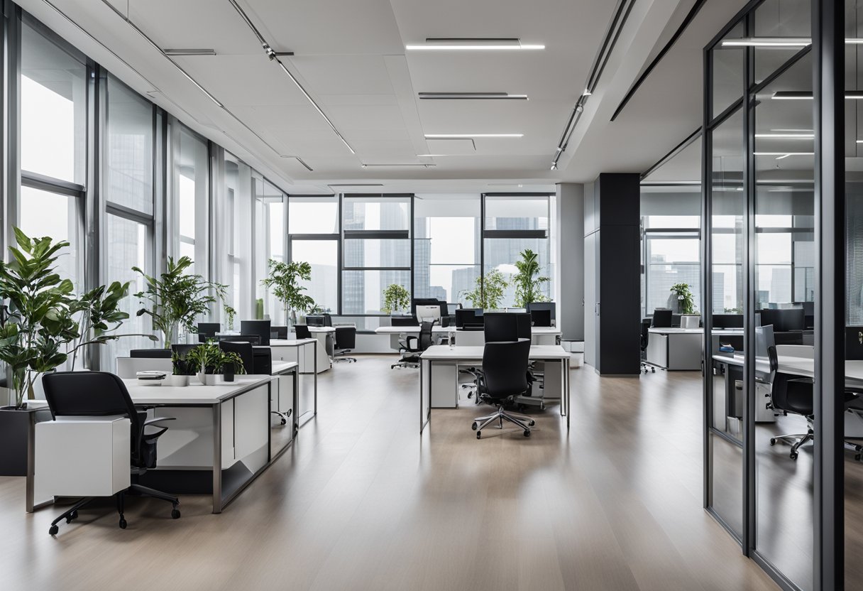 A modern office space with sleek aluminium furniture and minimalist interior design. Clean lines and neutral colors create a professional and sophisticated atmosphere