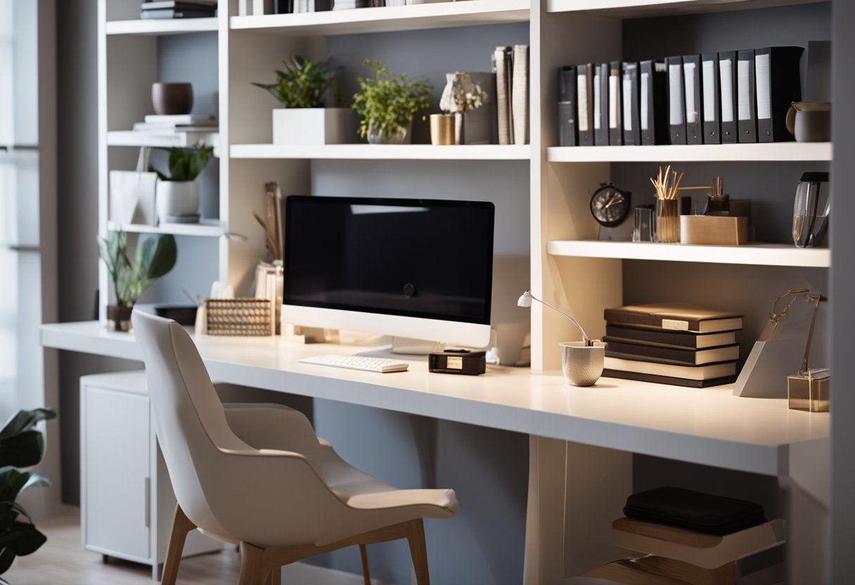 A well-lit and modern interior design studio with a sleek desk, comfortable seating, and shelves filled with design books and samples