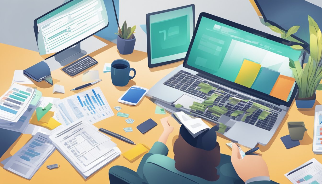 A person sits at a desk, surrounded by financial documents and a laptop. They are calculating expenses and planning how to best utilize their personal loan