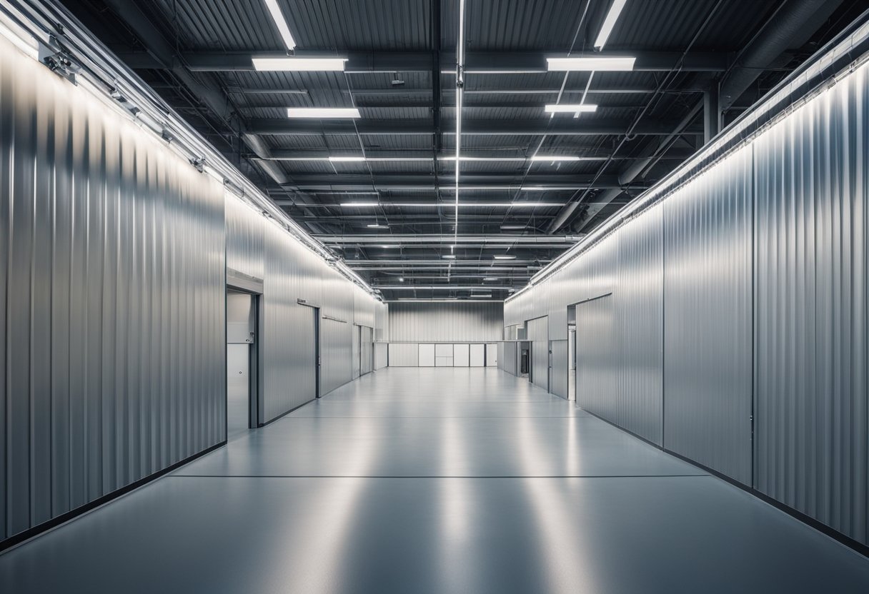 An industrial warehouse with sleek, modern aluminum products and interior design elements on display. Bright lighting highlights the polished surfaces and clean lines