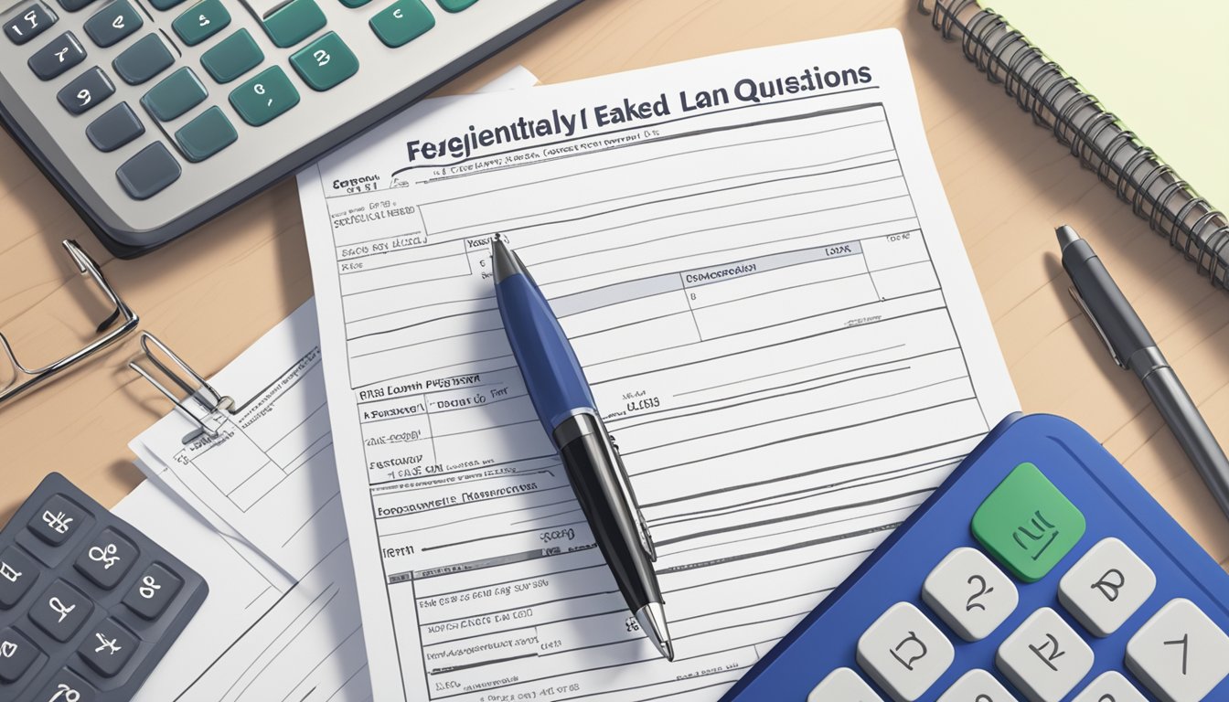 A stack of paper with "Frequently Asked Questions" and SCB personal loan details on a desk with a pen and calculator
