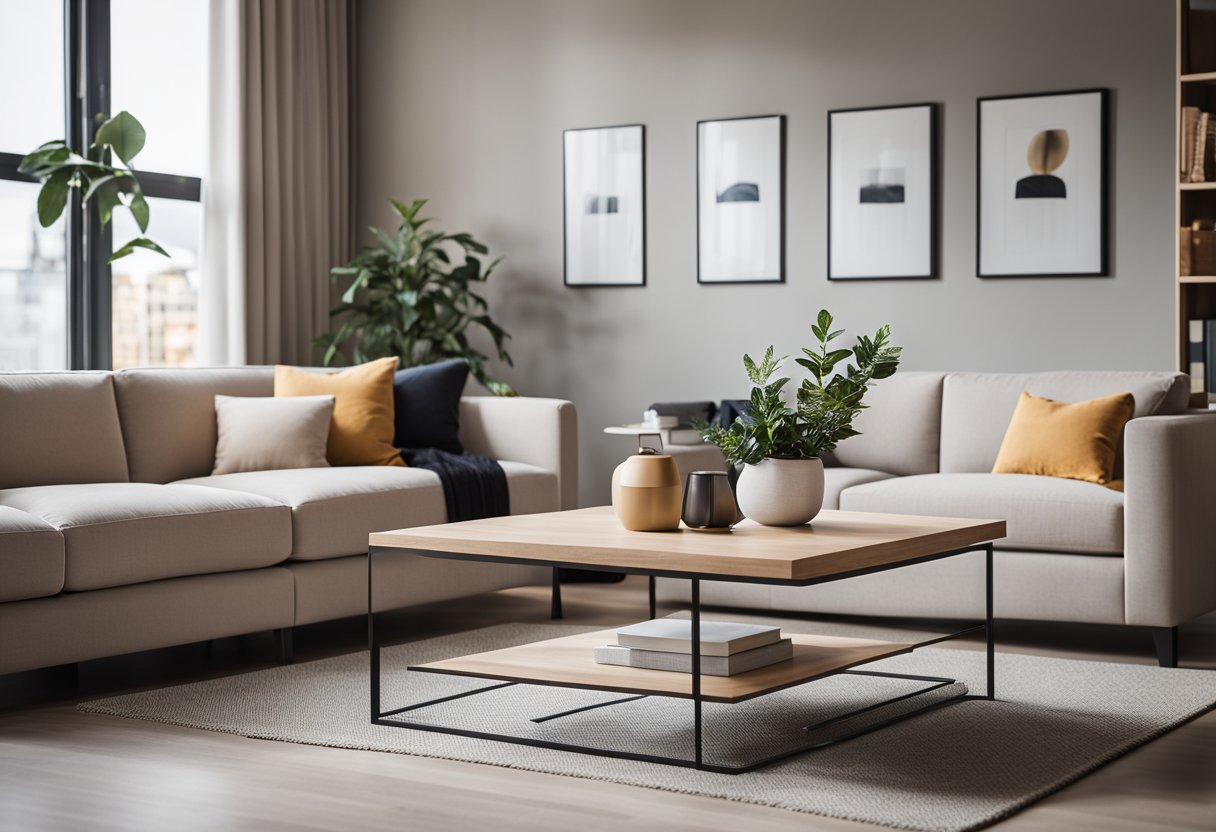 A room with a modern sofa, a sleek coffee table, and a minimalist bookshelf. The color scheme is neutral with pops of vibrant accents