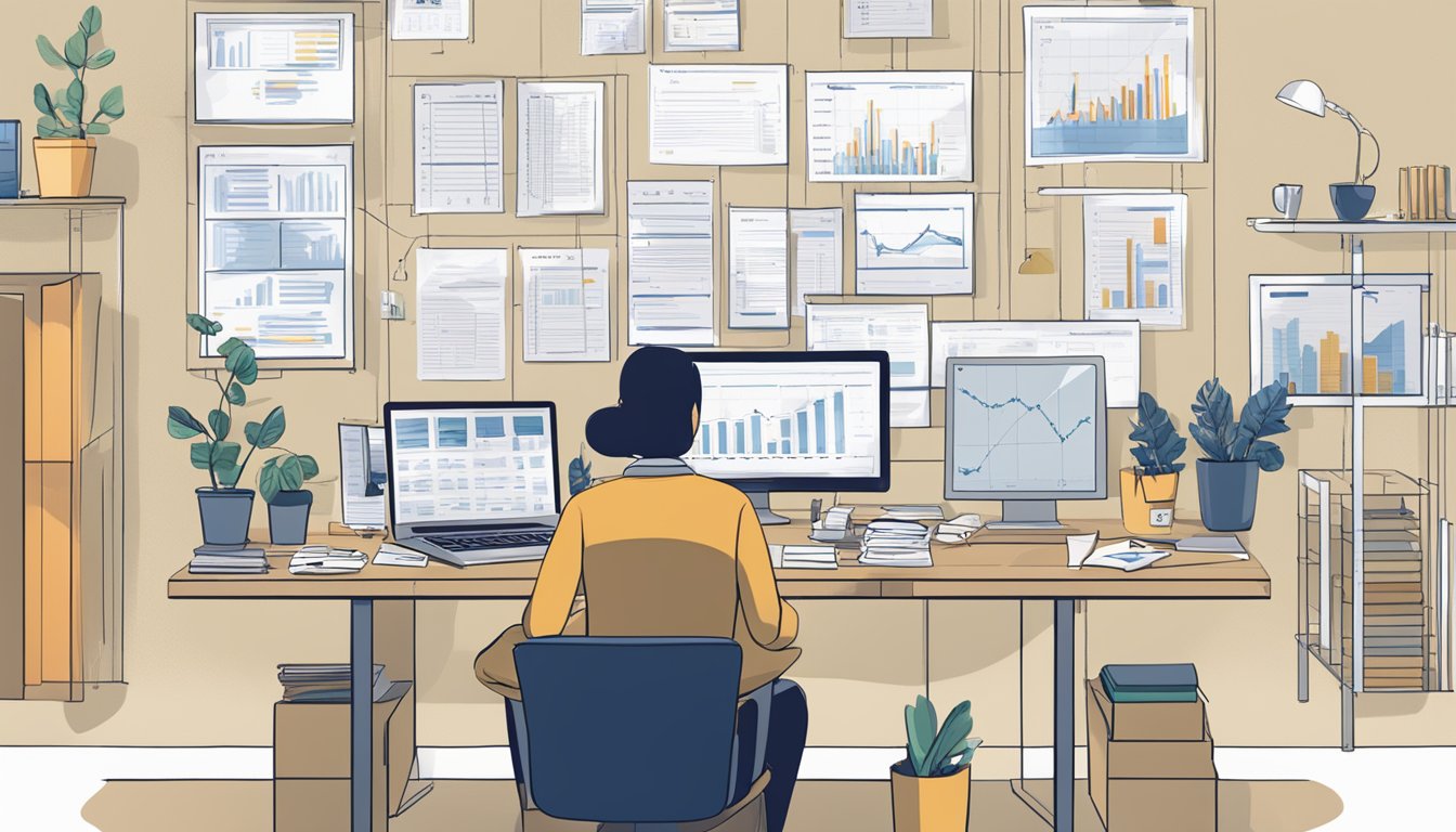 A person sits at a desk with a laptop and paperwork, surrounded by charts and graphs. A sign on the wall reads "Financial Planning with City Personal Loans."