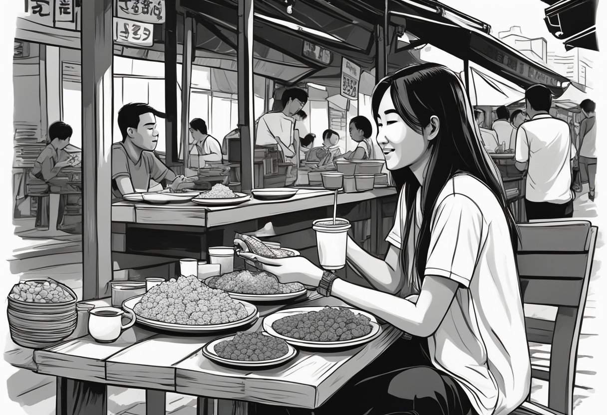 A Malaysian girl sitting at a hawker stall, enjoying a plate of nasi lemak while chatting with her date. The vibrant atmosphere of the bustling street market adds to the romantic ambiance