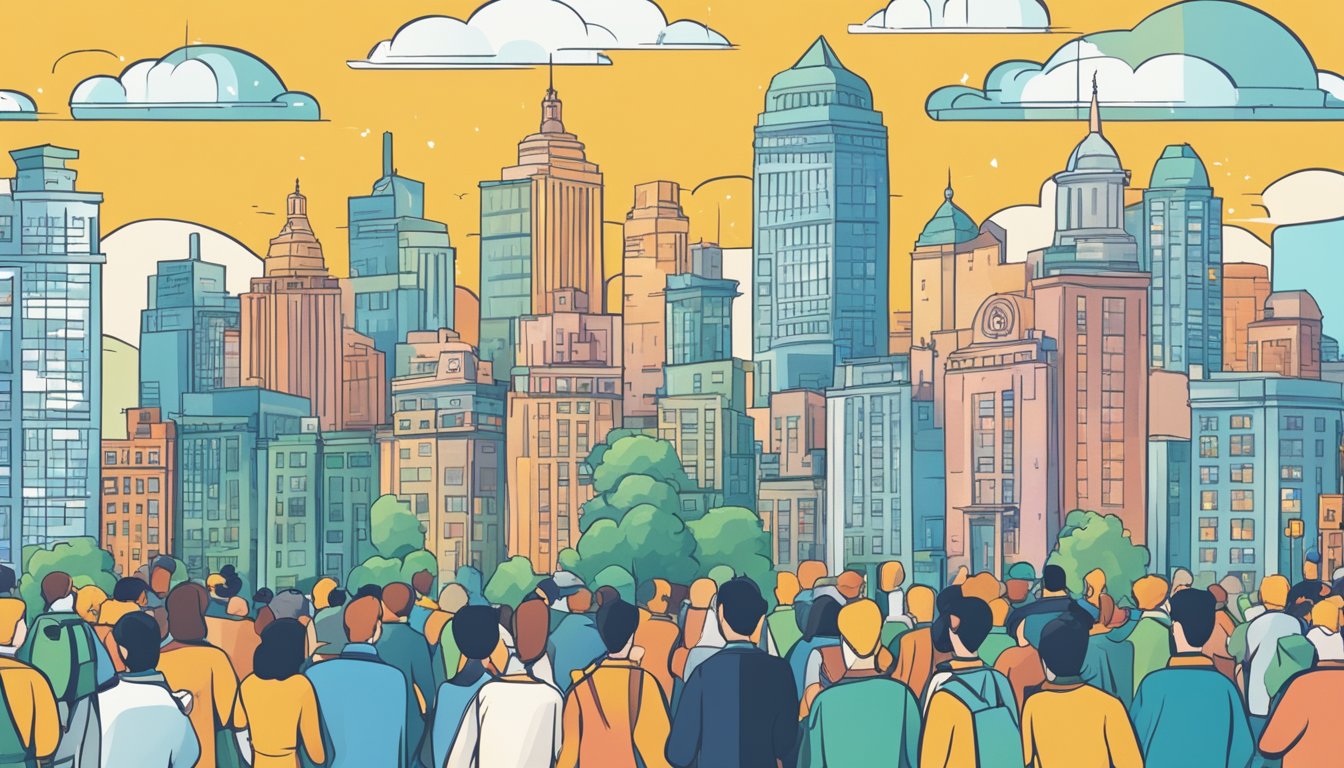 A city skyline with a prominent bank building, surrounded by people with question marks above their heads