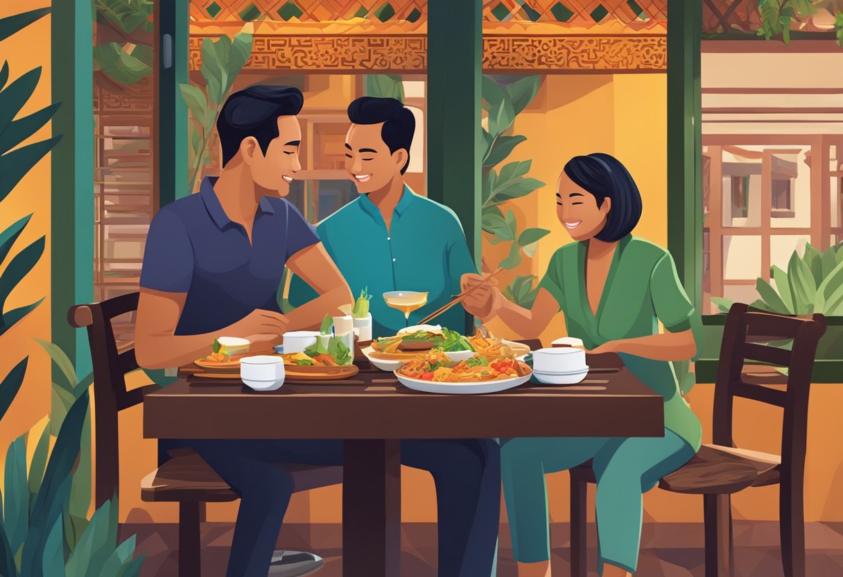 A couple sitting at a traditional Malaysian restaurant, surrounded by vibrant decor and enjoying a meal together