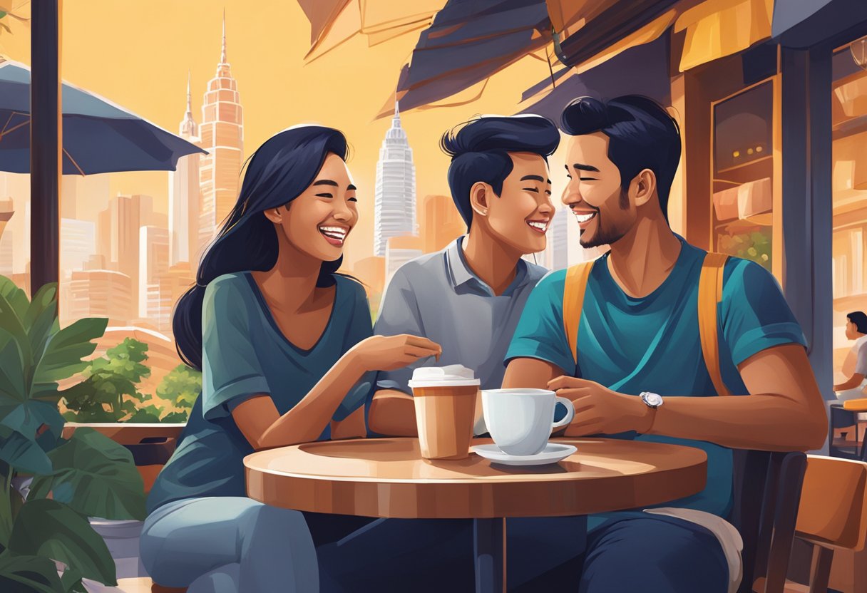 A Malaysian girl and a man sit at a cafe, laughing and sharing stories. The vibrant cityscape forms a backdrop, as they connect over coffee