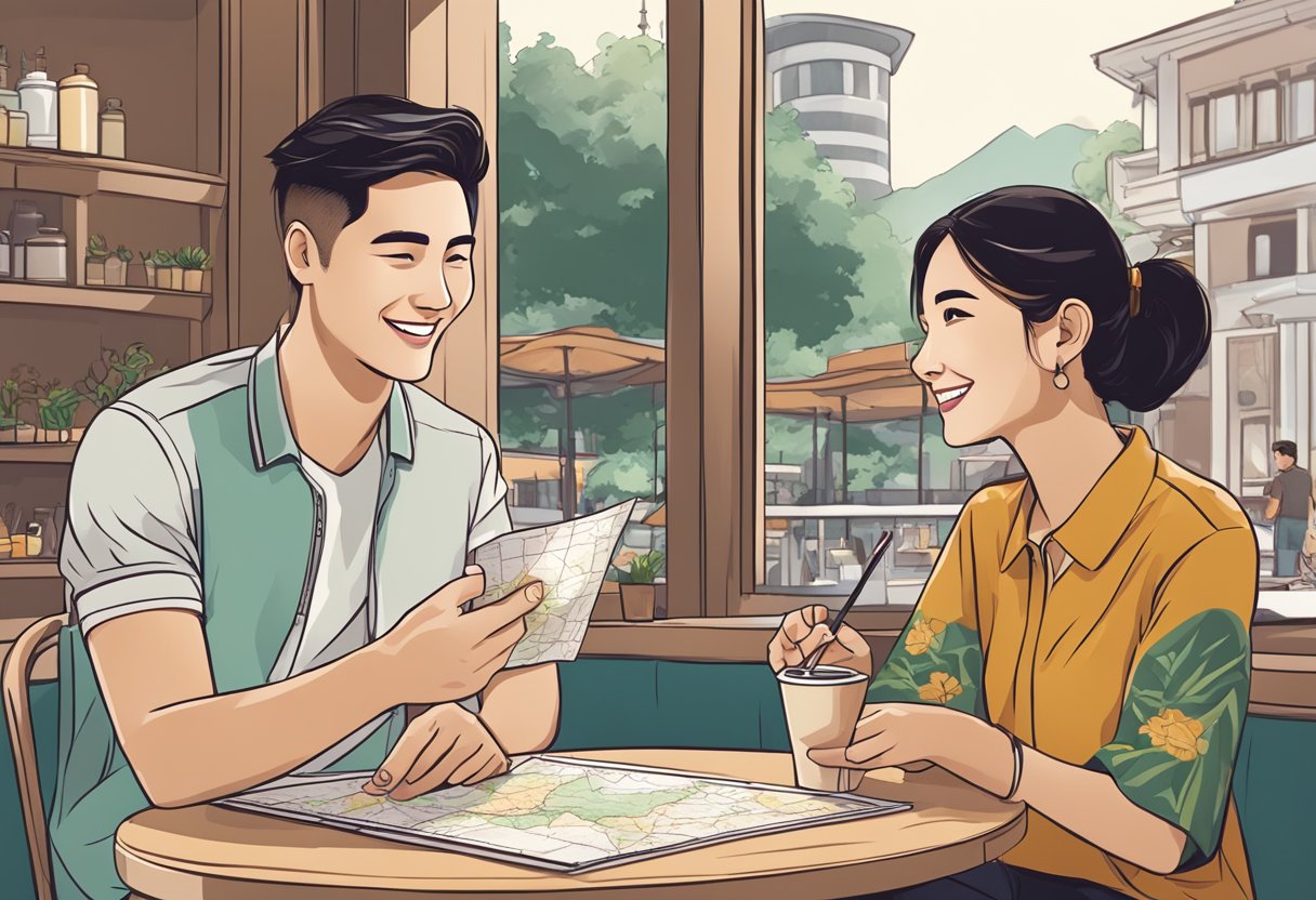 A couple sits at a cafe, discussing date ideas. The girl smiles as the guy gestures and points to a map of Malaysia