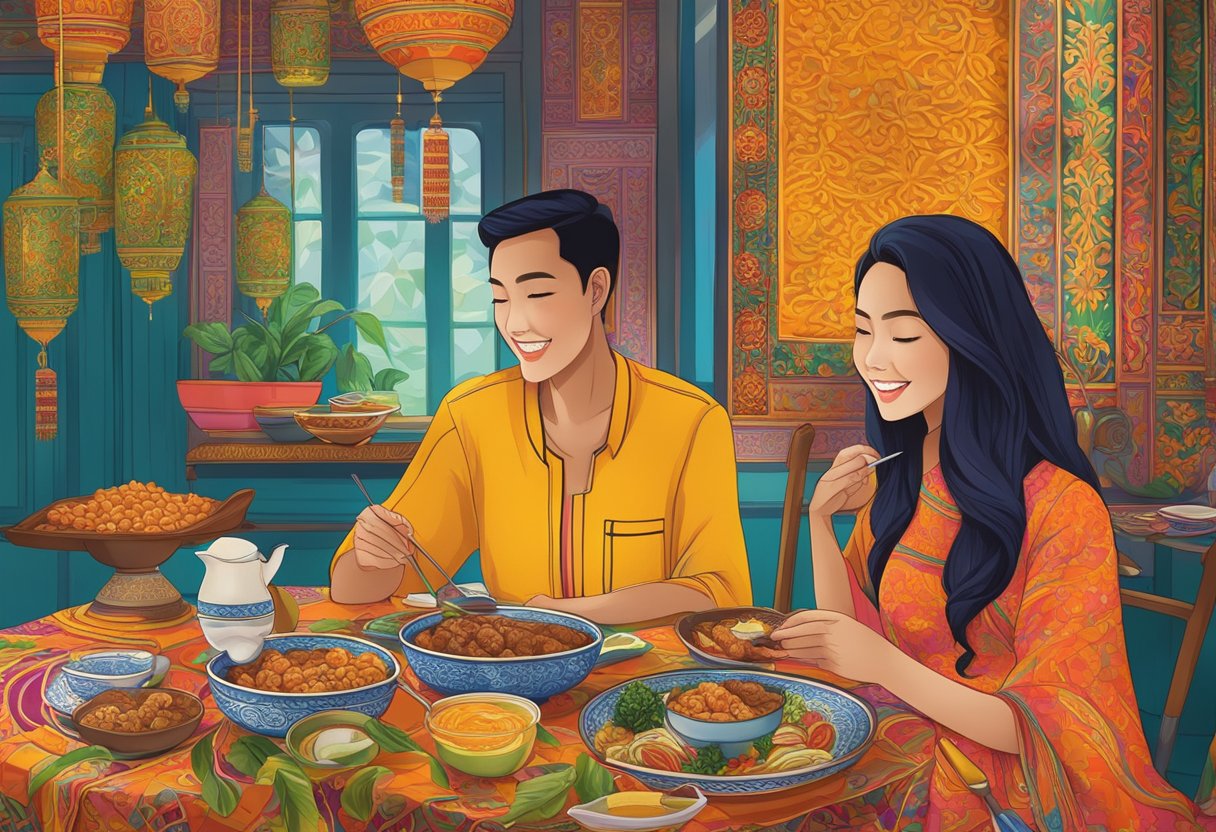 A Malaysian girl and her date enjoying a traditional meal, surrounded by vibrant colors and intricate patterns of Malaysian culture