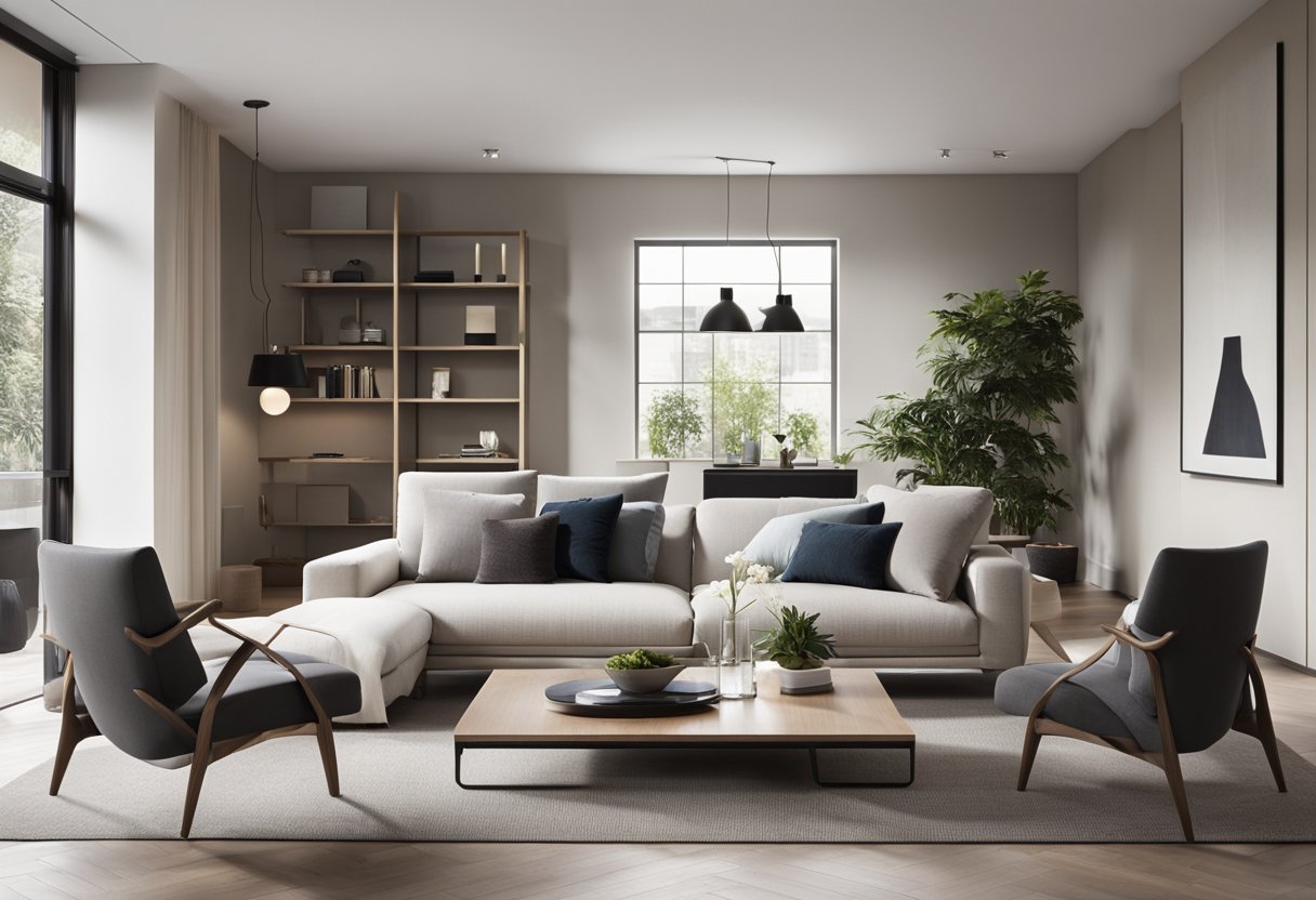 A sleek, modern living room with clean lines, neutral colors, and minimalistic furniture arranged in a balanced and harmonious layout