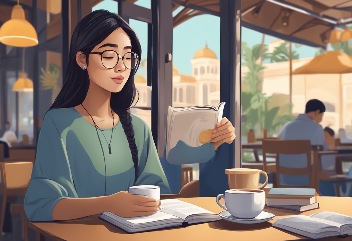 A Malaysian girl sitting at a cafe, sipping on a cup of teh tarik while reading a book with a serene expression on her face