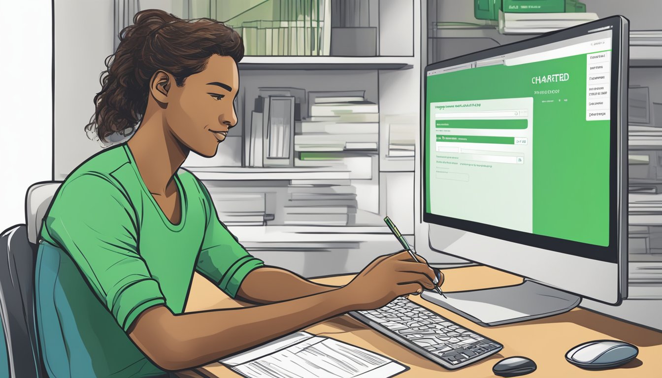 A person sitting at a computer, filling out a loan application form on the Standard Chartered website