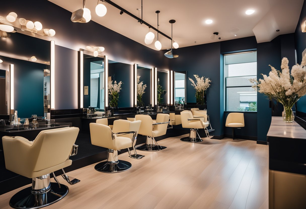 The hair salon interior features modern chairs, sleek mirrors, and a vibrant color scheme. The walls are adorned with stylish artwork, and the lighting is soft and inviting