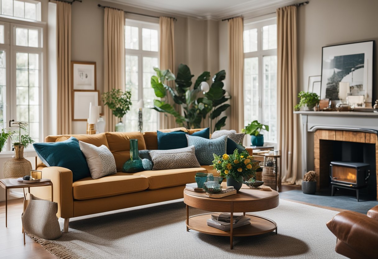 A cozy living room with a mix of modern and vintage furniture, vibrant colors, and unique decor items, reflecting the owner's personality and lifestyle