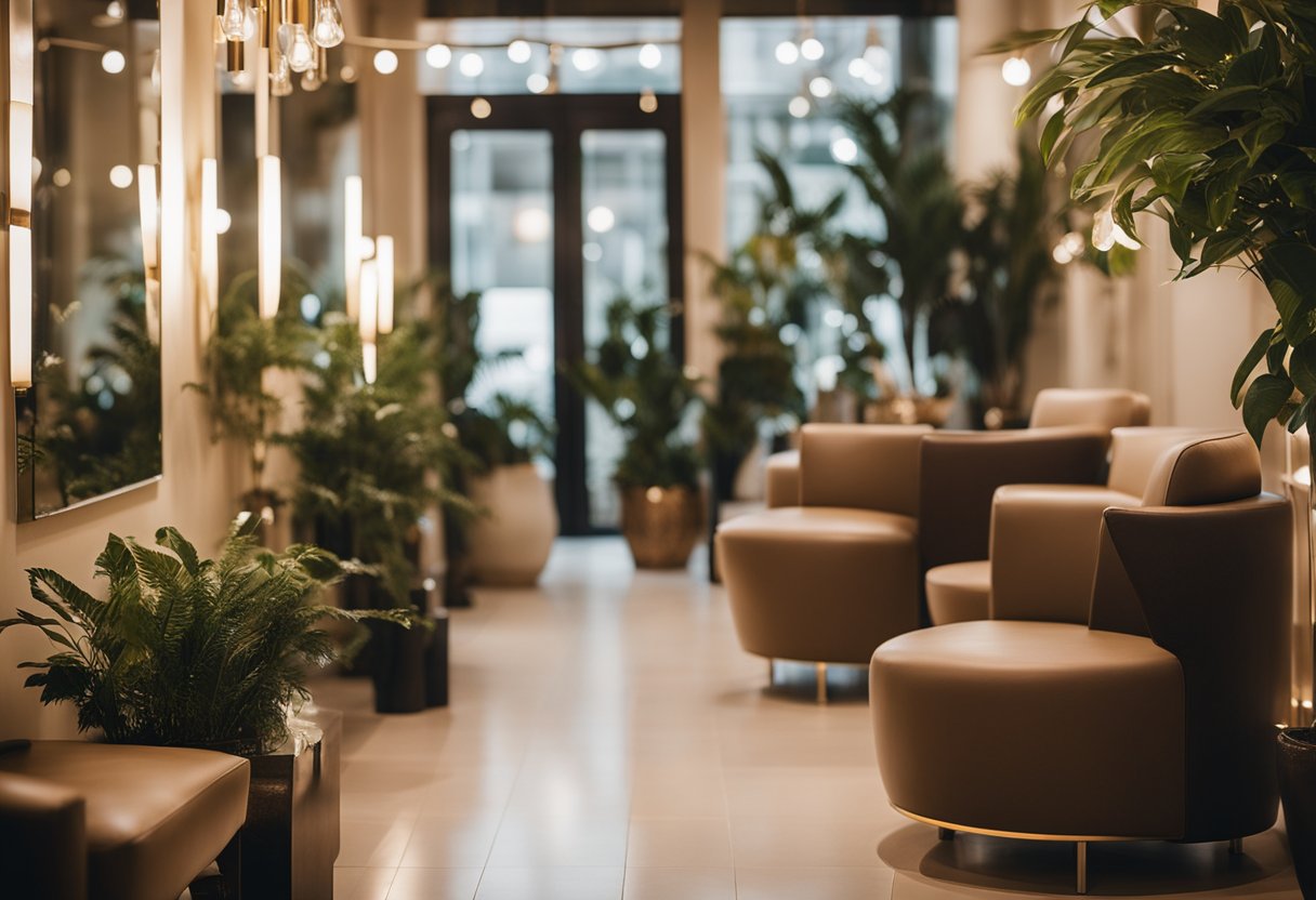 The salon is bathed in warm, soft lighting, with comfortable seating and stylish decor. Plants and artwork add a touch of nature and sophistication. The overall atmosphere is inviting and relaxed