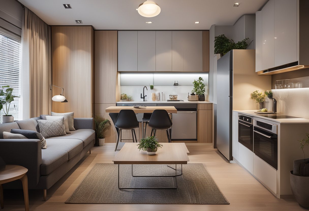 The 250 sq ft house interior features a cozy living area, compact kitchenette, a fold-down bed, and a small dining space