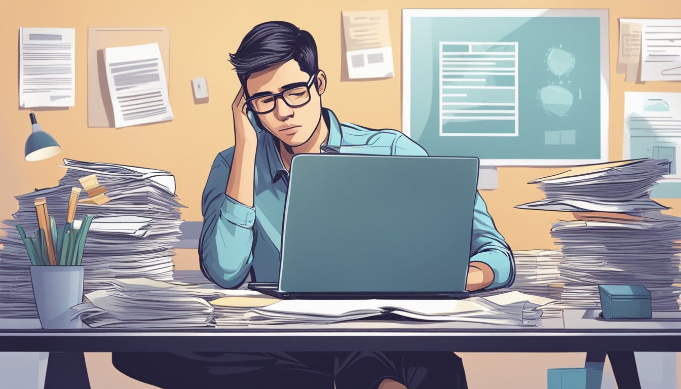 A person sitting at a desk, surrounded by financial documents and a laptop, looking stressed while trying to manage their unsecured personal loans in Singapore