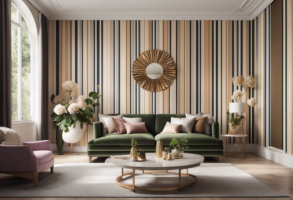A room with various wallpaper patterns: floral, geometric, and striped. Different textures and colors create a visually dynamic interior design