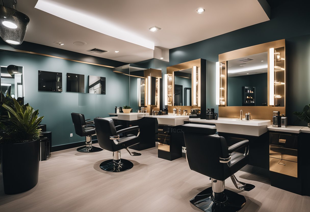 The salon design features modern furniture, a sleek color scheme, and branded decor elements, reflecting the salon's identity
