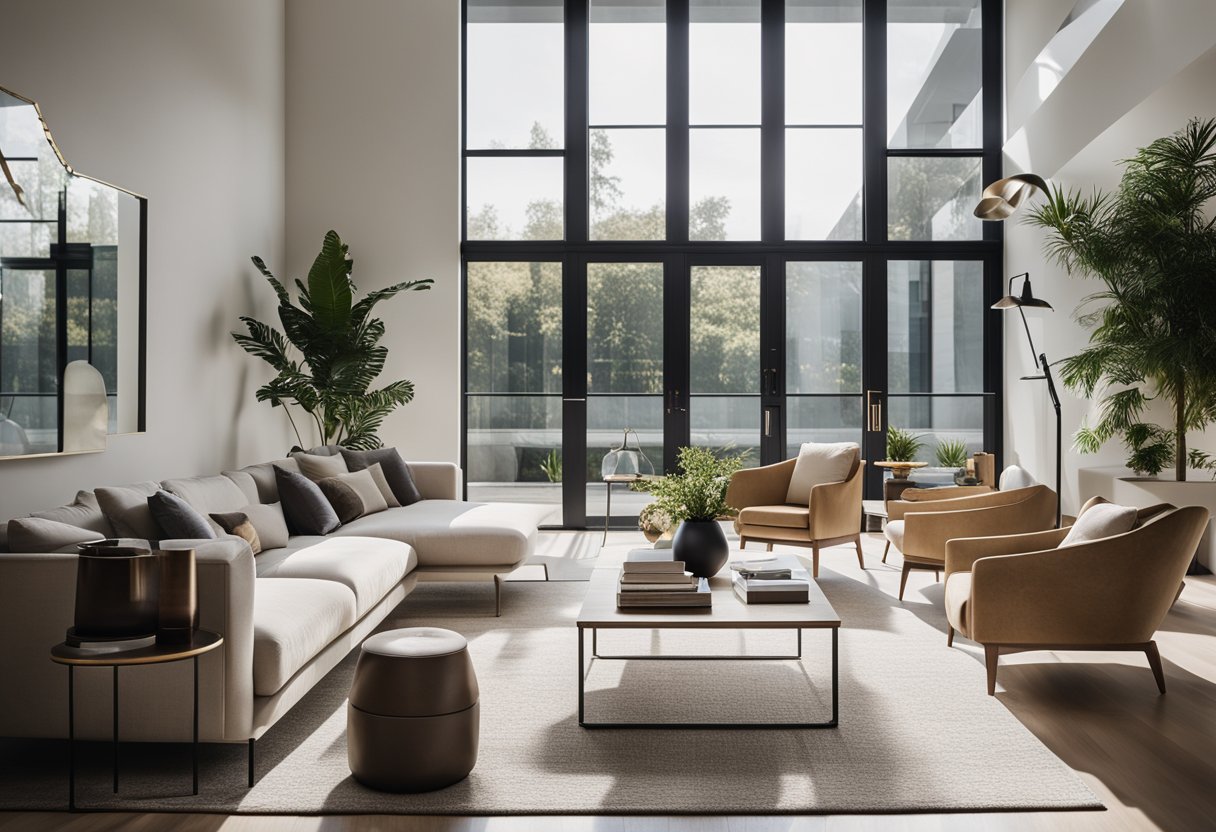 A modern living room with sleek furniture, neutral colors, and plenty of natural light streaming in through large windows
