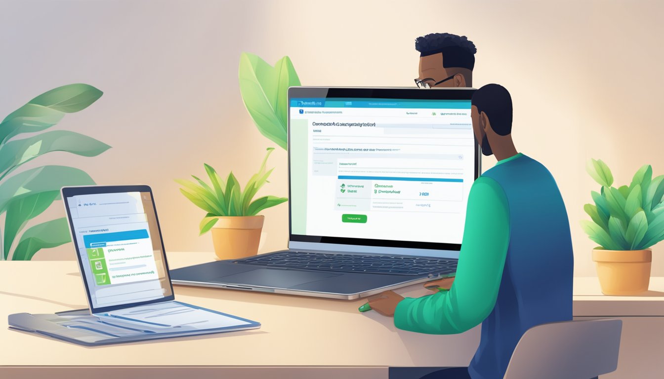 A laptop with a Standard Chartered logo displayed, a person filling out an online loan application form, and a checklist of frequently asked questions