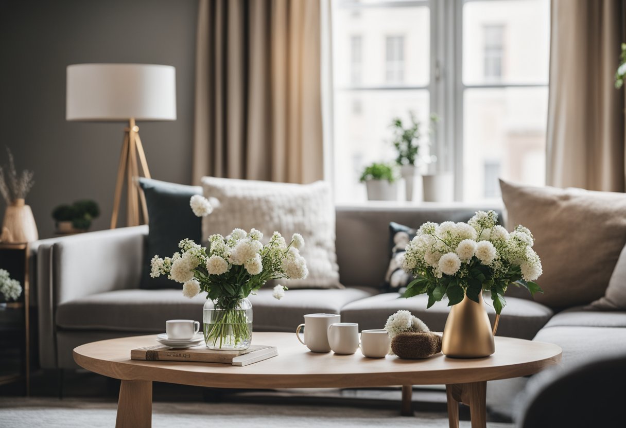 A cozy living room with a plush sofa, a coffee table with a vase of flowers, and a large window with flowing curtains