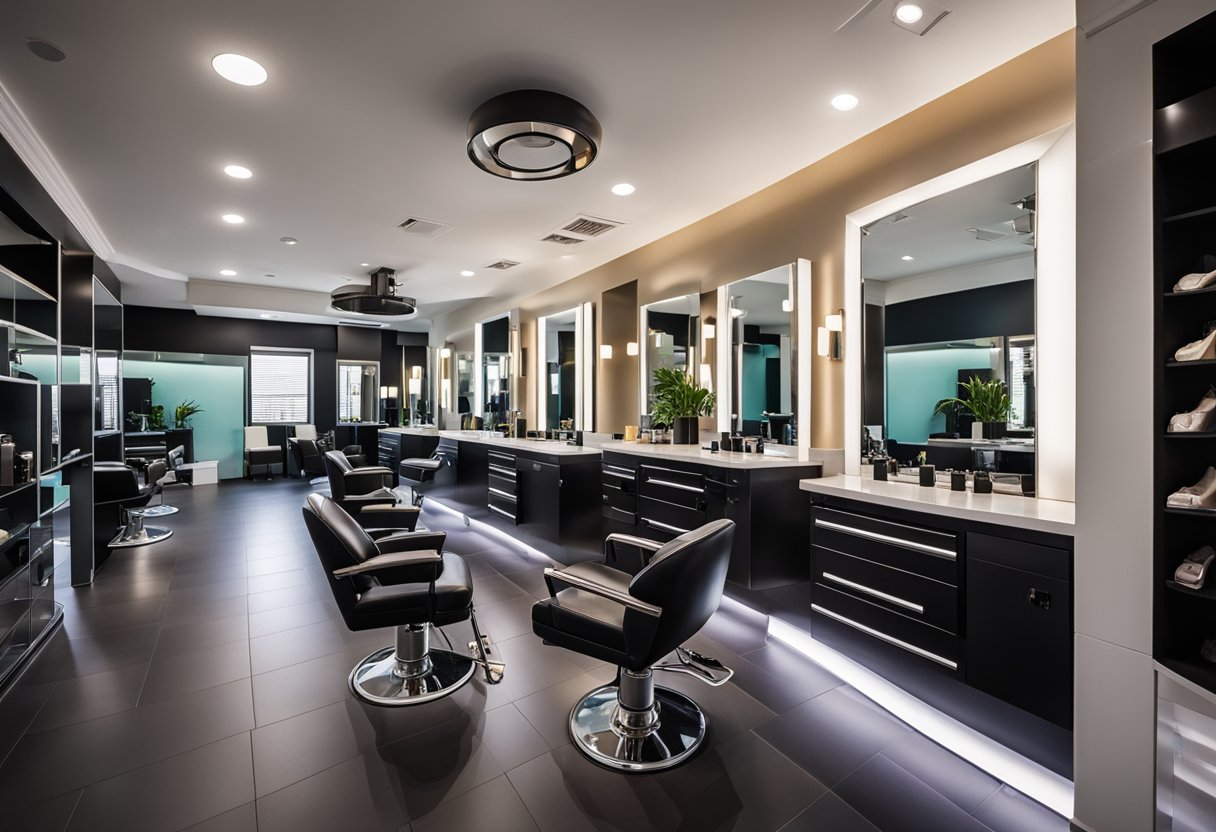 The hair salon interior features modern decor, sleek furniture, and a vibrant color scheme. Mirrors line the walls, reflecting the stylish workstations and shelves displaying hair products