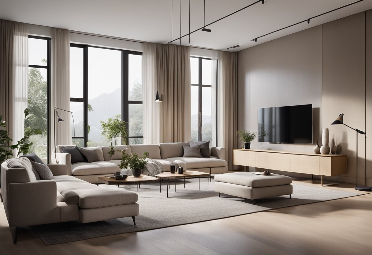 A modern living room with sleek furniture and a neutral color palette. Large windows let in natural light, showcasing the minimalist design