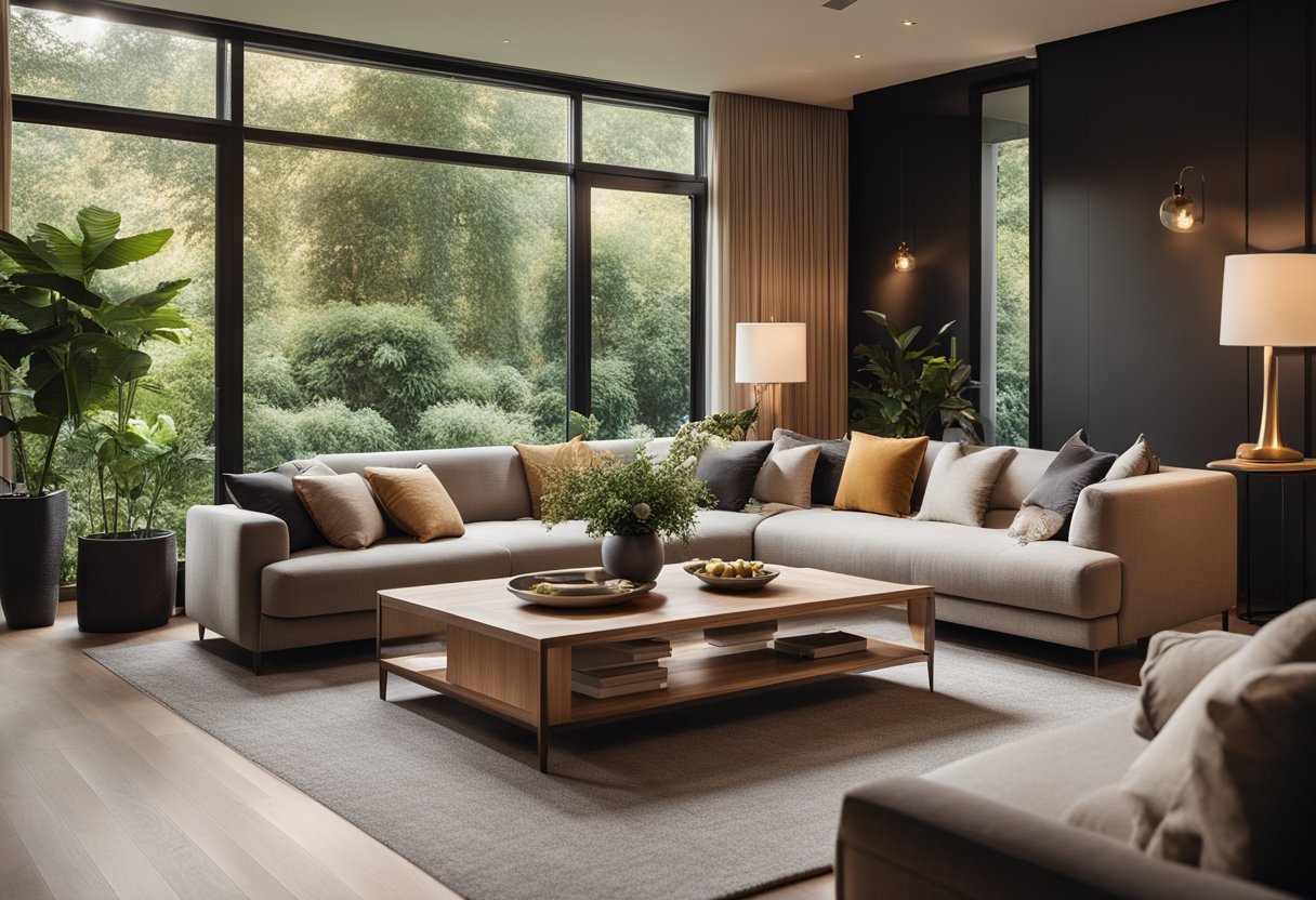 A cozy living room with a plush sofa, coffee table, and floor-to-ceiling windows overlooking a lush garden. Warm lighting and decorative accents add a touch of elegance to the space