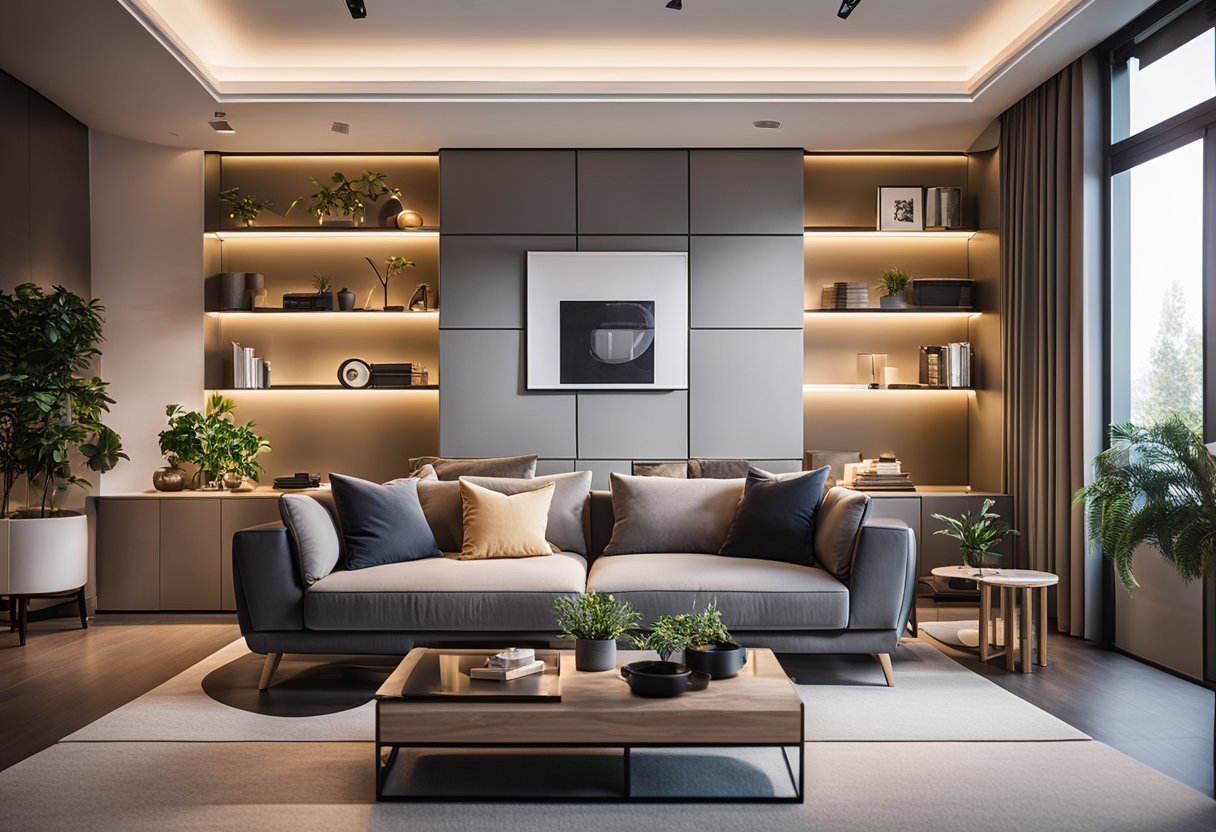 A cozy living room with modern furniture and warm lighting, showcasing the renozone interior design house logo prominently on the wall