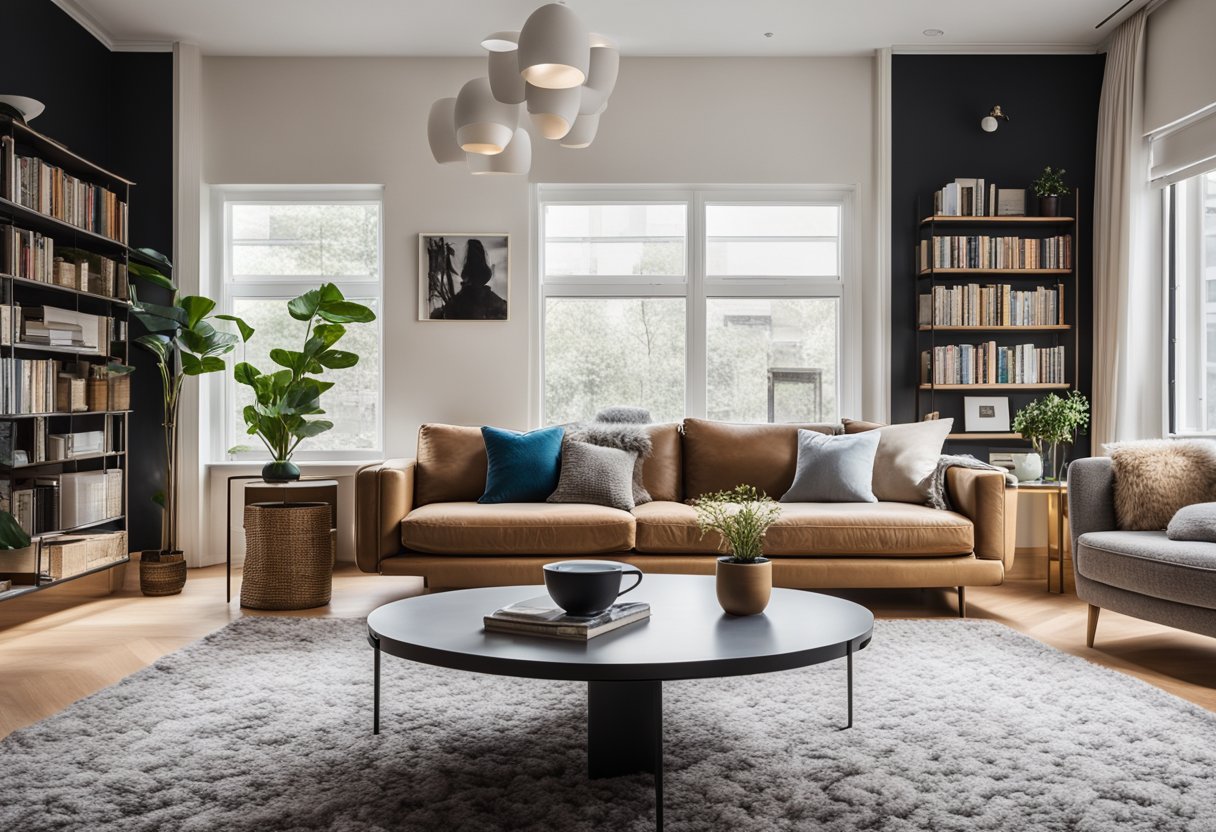 A cozy living room with a modern sofa, a stylish coffee table, and vibrant artwork on the walls. A sleek bookshelf and a large window provide natural light, while a plush rug ties the room together
