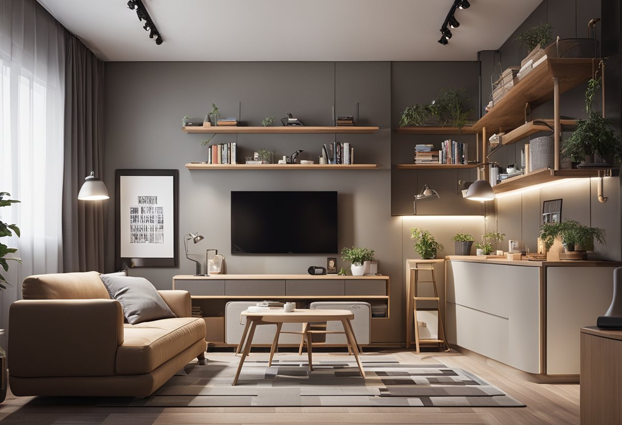 A cozy 250 sq ft house interior with clever storage solutions, multifunctional furniture, and a neutral color palette