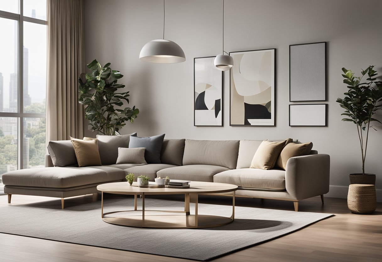 A modern living room with sleek furniture, neutral colors, and clean lines. Large windows let in natural light, highlighting the minimalist decor