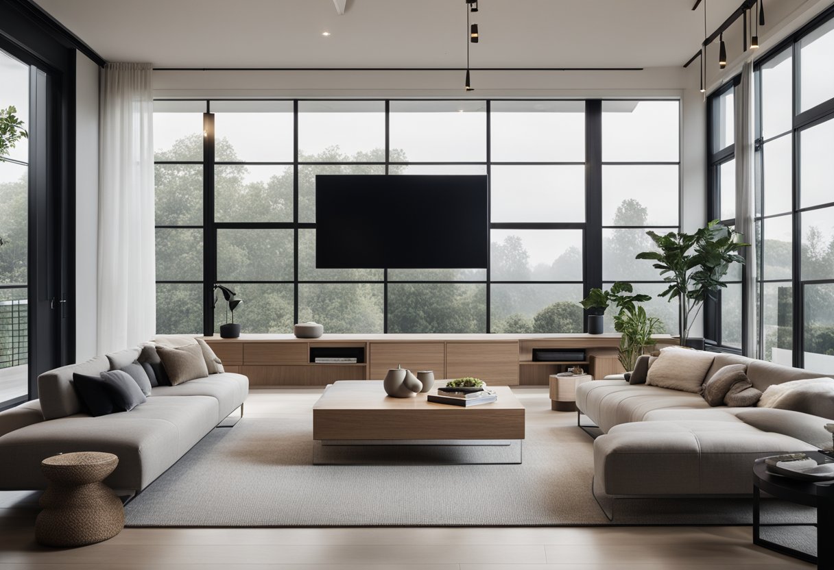 A modern living room with minimalist furniture and neutral color palette. Large windows let in natural light, highlighting the clean lines and open space