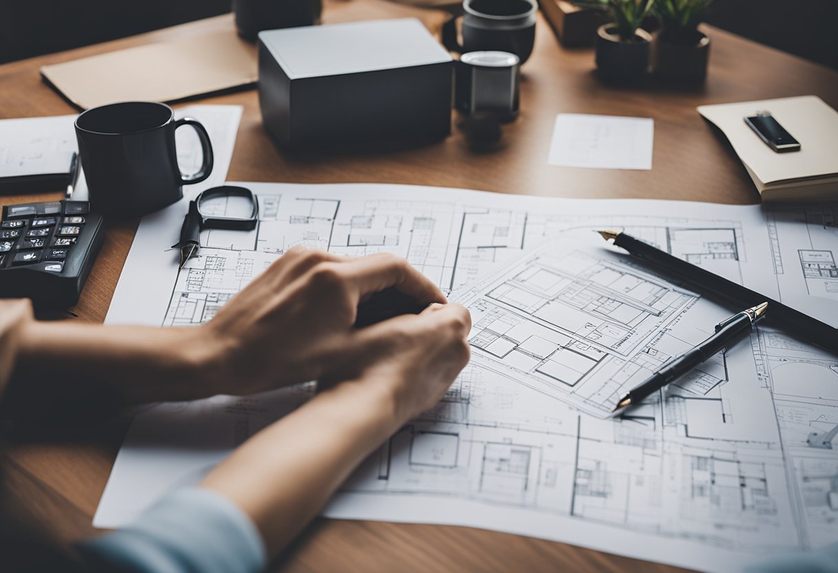 An interior designer's hand sketching a room layout with furniture and decor, surrounded by FAQ notes and design tools